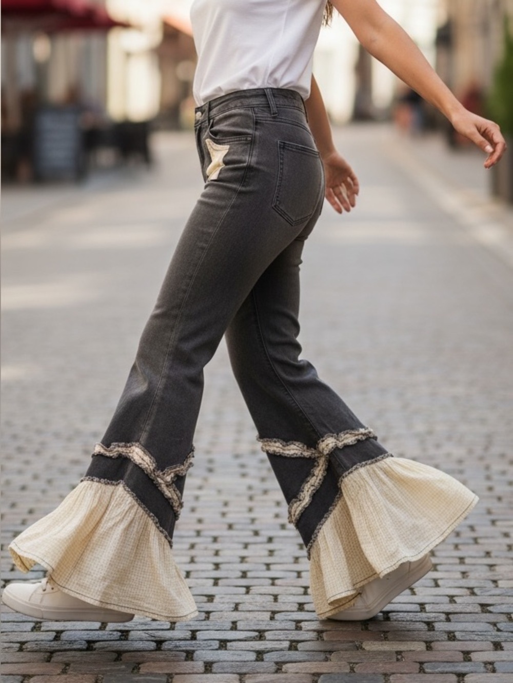 POL Black Wide Leg Flare Jeans with Cream Ruffle Trim